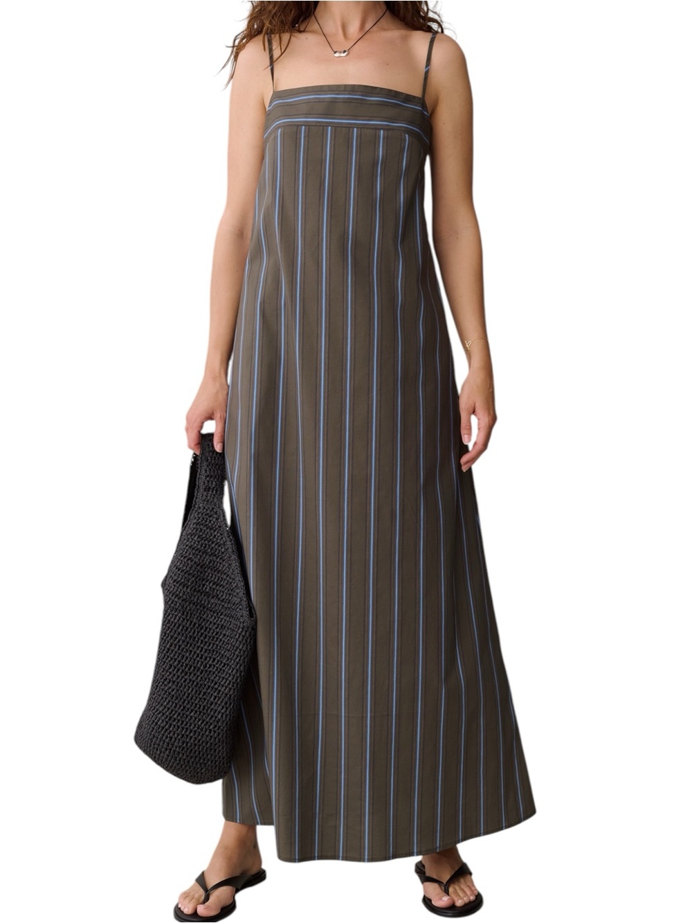 Few Moda Corrine Dress Striped Olive Blue Maxi Spaghetti Straps NWT
